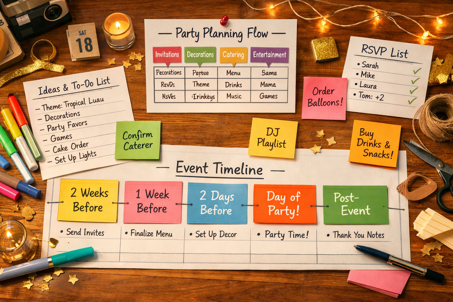 Parti akisi planlama notlari ve kartlar