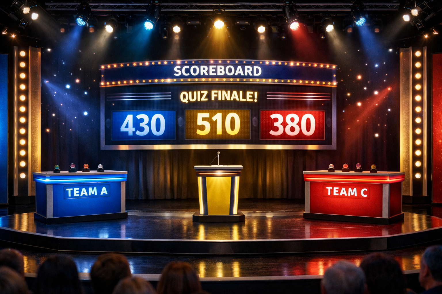 Quiz finali icin hazirlanmis puan panosu ve istasyon duzeni